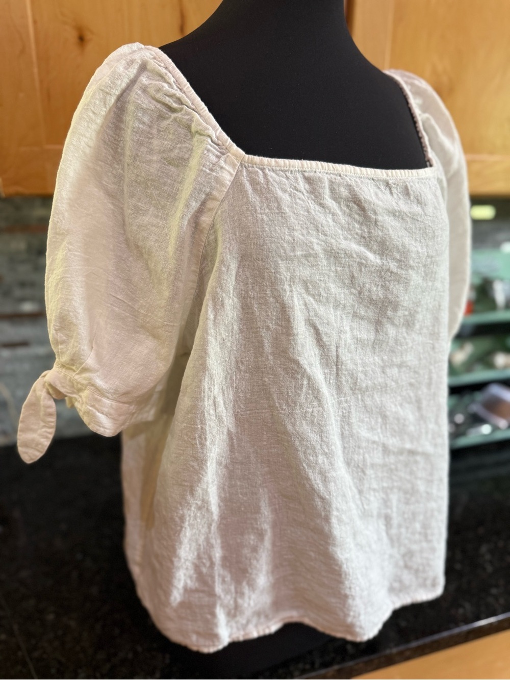 Banana Republic White Square Neck/Back Bow Sleeve Linen Blouse